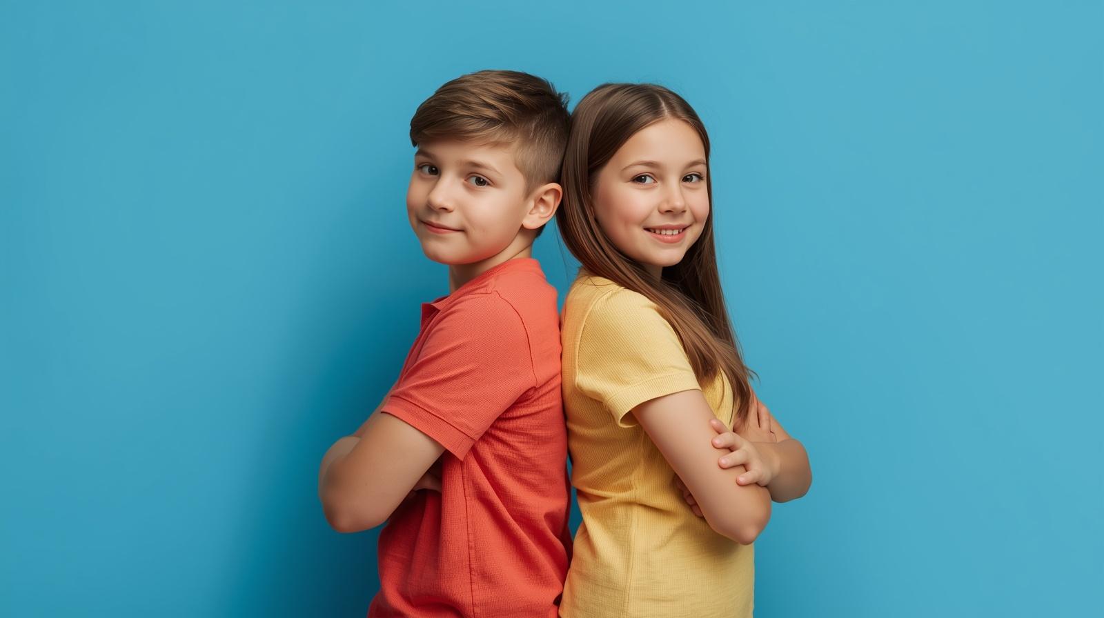 Chłopiec i dziewczynka stoją tyłem do siebie, uśmiechnięci, na niebieskim tle.
