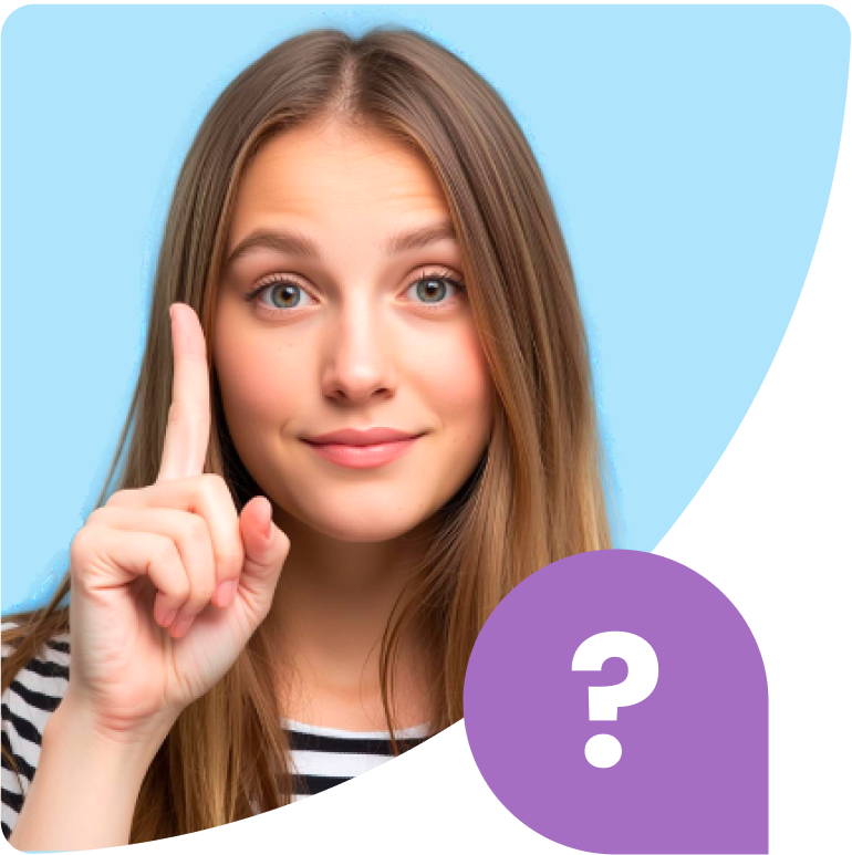 Młoda kobieta podnosi palec wskazujący, obok fioletowa ikona z pytajnikiem.
