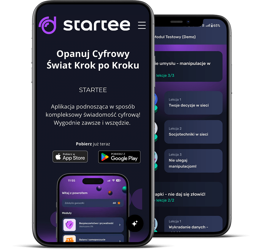 Dwa smartfony z aplikacją Startee do nauki świadomości cyfrowej, widoczne ekrany kursów.