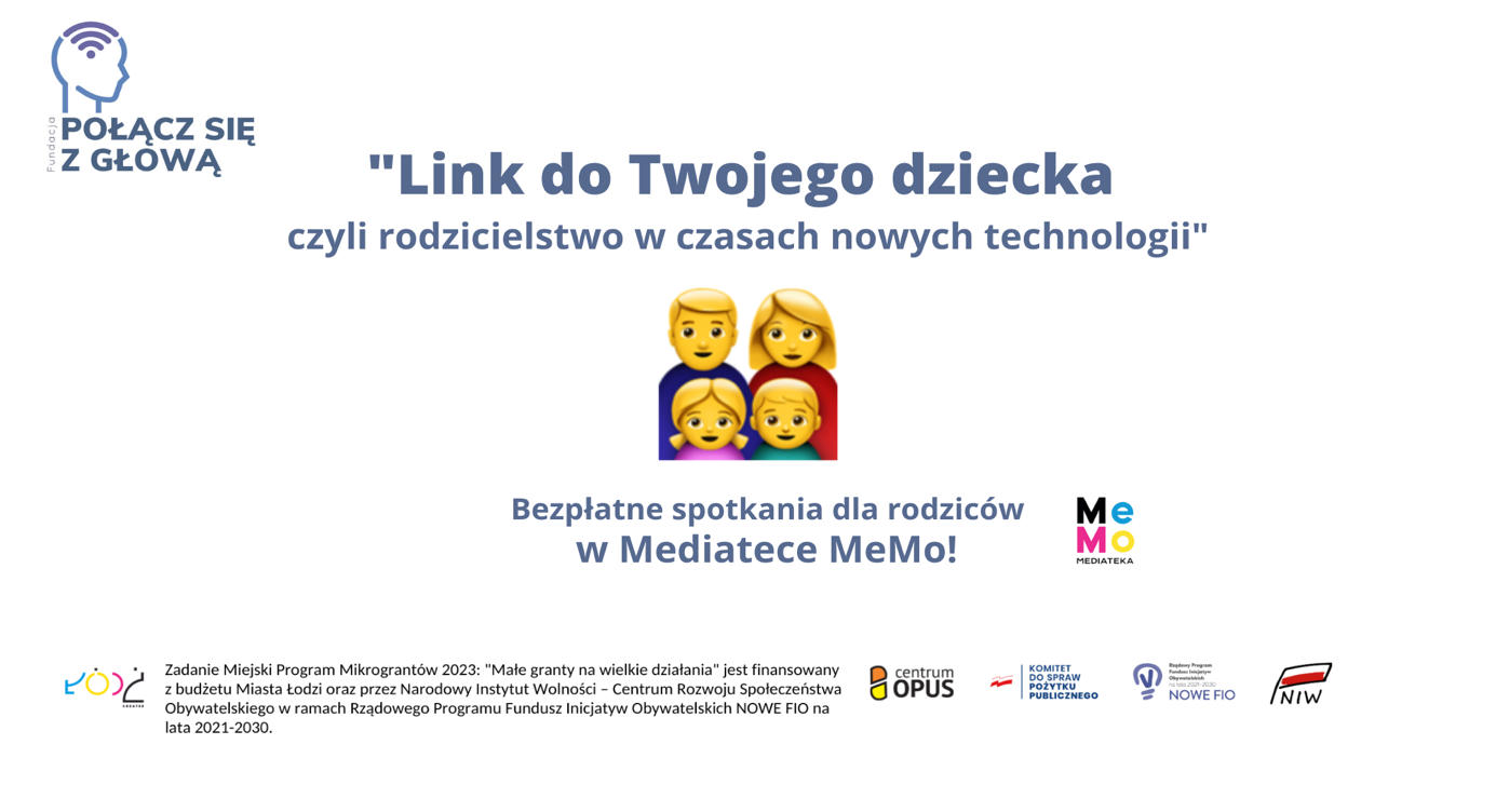 Plakat o bezpłatnych spotkaniach dla rodziców na temat nowych technologii w Mediatece MeMo.