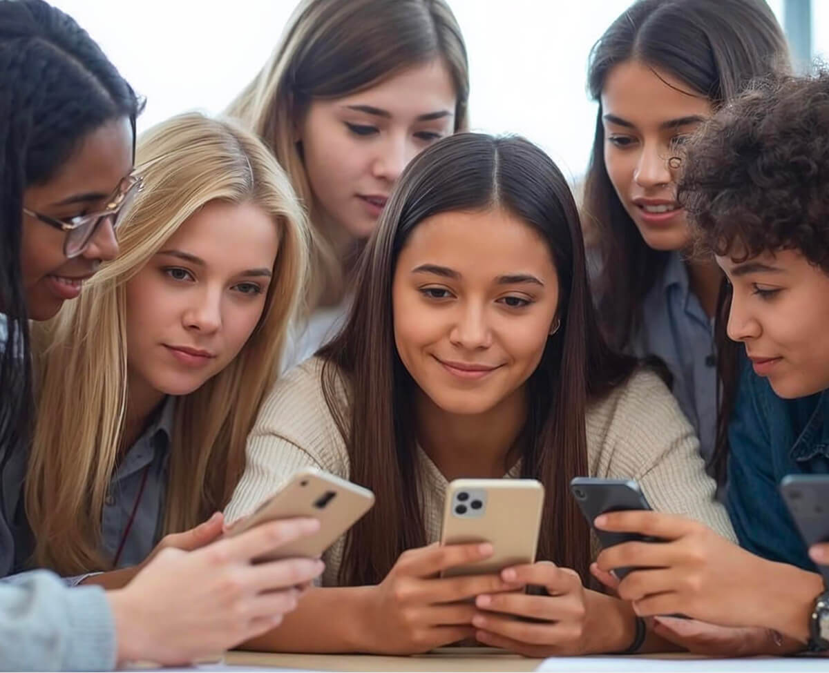 Grupa młodych osób patrzy na telefony, siedząc razem przy stole.