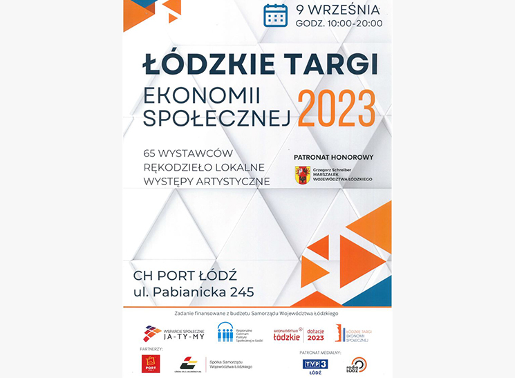 Plakat promujący Łódzkie Targi Ekonomii Społecznej 2023, data i miejsce wydarzenia.