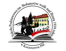 Logo szkoły z sylwetką żołnierza, budynkiem szkoły i napisem "1939".