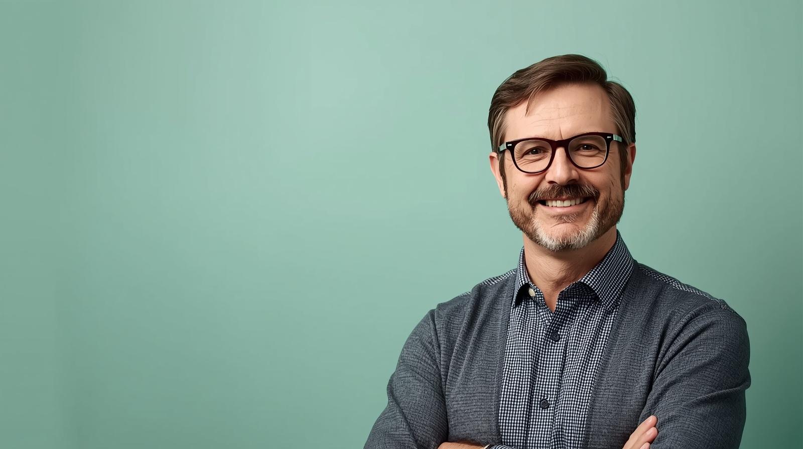 Uśmiechnięty mężczyzna w okularach stoi na tle zielonej ściany z założonymi rękami.
