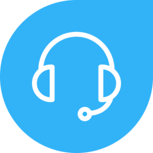 Czarna słuchawka z mikrofonem na niebieskim tle, symbol obsługi klienta.