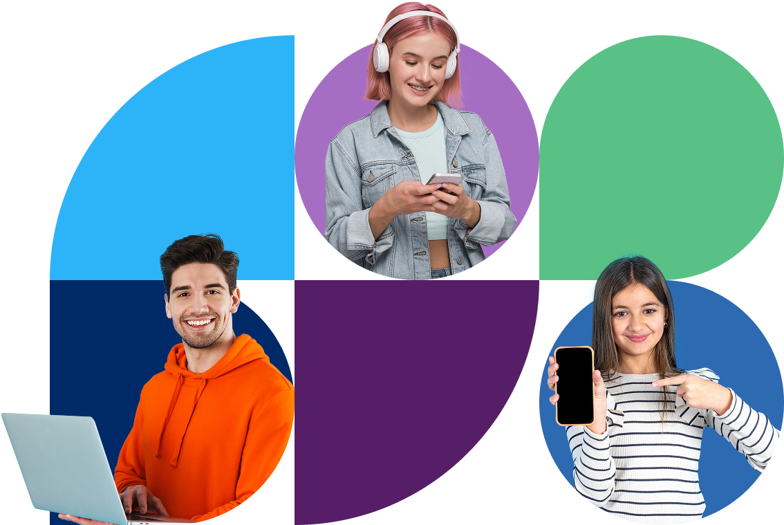 Trzy młode osoby korzystają z laptopa i smartfonów na kolorowym tle geometrycznym.