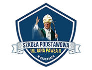 Herb szkoły z wizerunkiem papieża i napisem „Szkoła Podstawowa im. Jana Pawła II w Ruszowicach”.