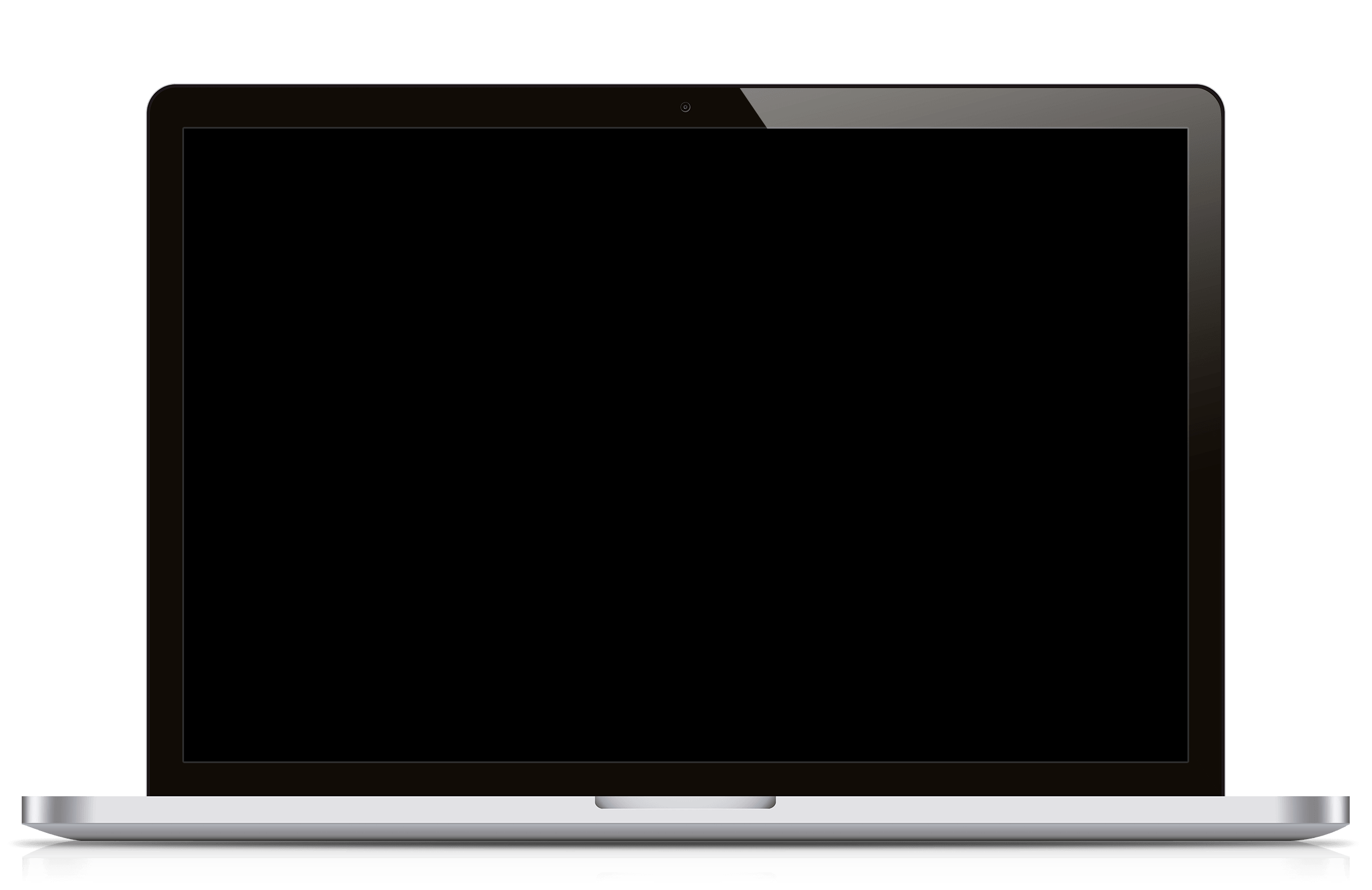 Laptop z otwartym czarnym ekranem, widok z przodu.