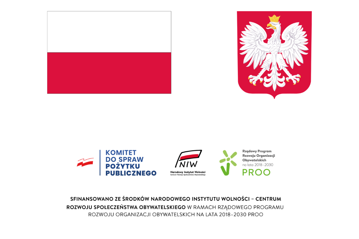 Flaga Polski, godło narodowe oraz logotypy instytucji rządowych wspierających organizacje obywatelskie.